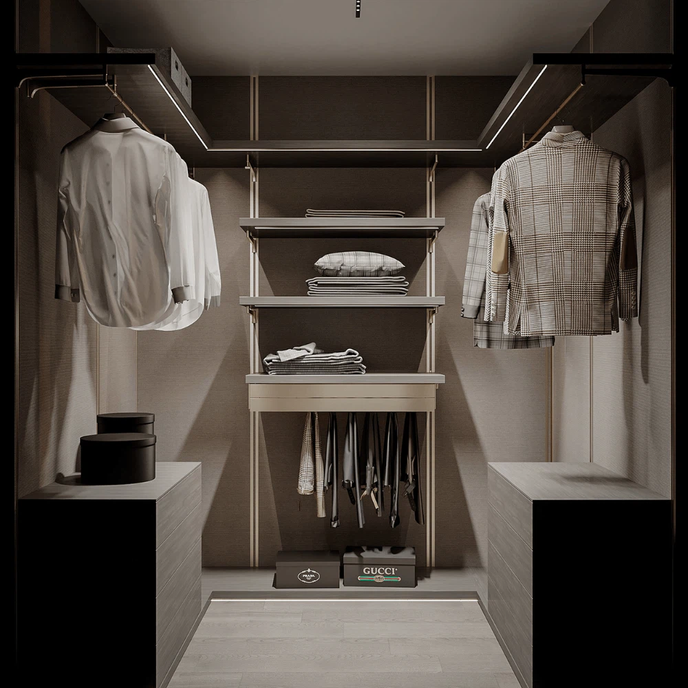 Compact walk in wardrobe with LED lighting and hanging storage Compact walk in wardrobe with LED lighting and hanging storage