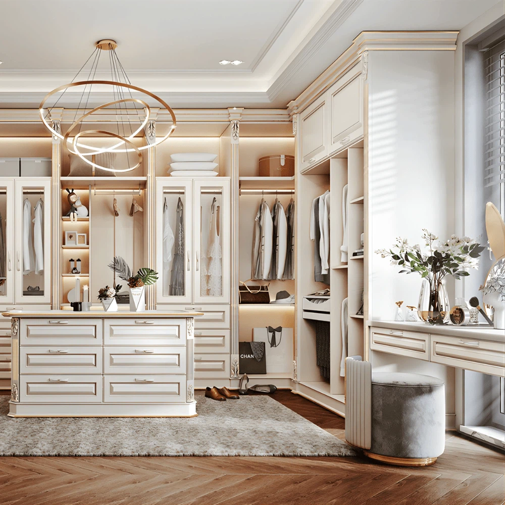 Luxury walk in closet with dressing table, open shelving, and modern LED lighting Luxury walk in closet with dressing table, open shelving, and modern LED lighting