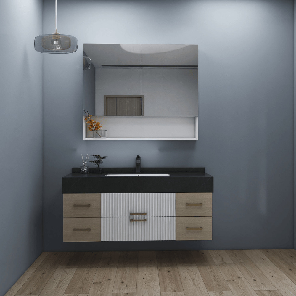 Modern bathroom vanity with mirror, black countertop, and wooden drawers in a minimalist bathroom. Modern bathroom vanity with mirror, black countertop, and wooden drawers in a minimalist bathroom.