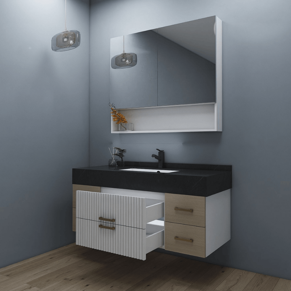 Modern vanity with open drawers showing storage design and soft-close function. Modern vanity with open drawers showing storage design and soft-close function.